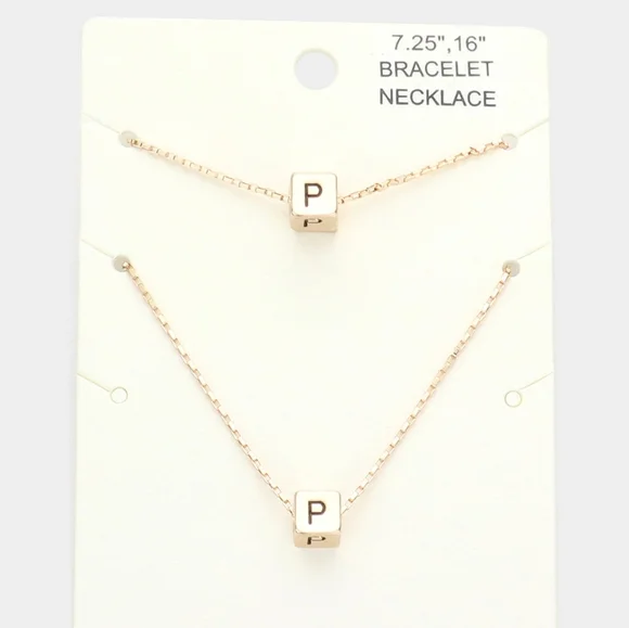 Gold Monogram "P" Cube Pendant Necklace Chain Set Bracelet Boxed Square Initial - Picture 1 of 2